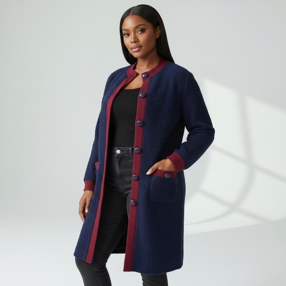 J. Crew Sweaters - J. Crew wine contrast trim navy longline boucle Sherpa midi cardigan duster